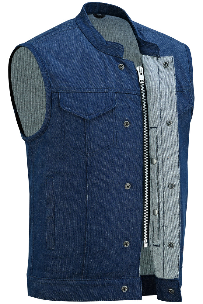 Men's Blue Rough Rub-Off Raw Finish Denim Vest