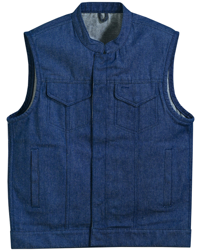 Men's Blue Rough Rub-Off Raw Finish Denim Vest