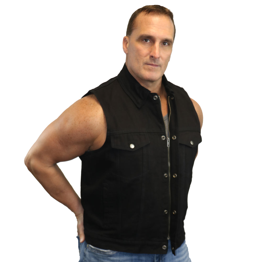 Men's Snap/Zipper Front Denim Vest- Black