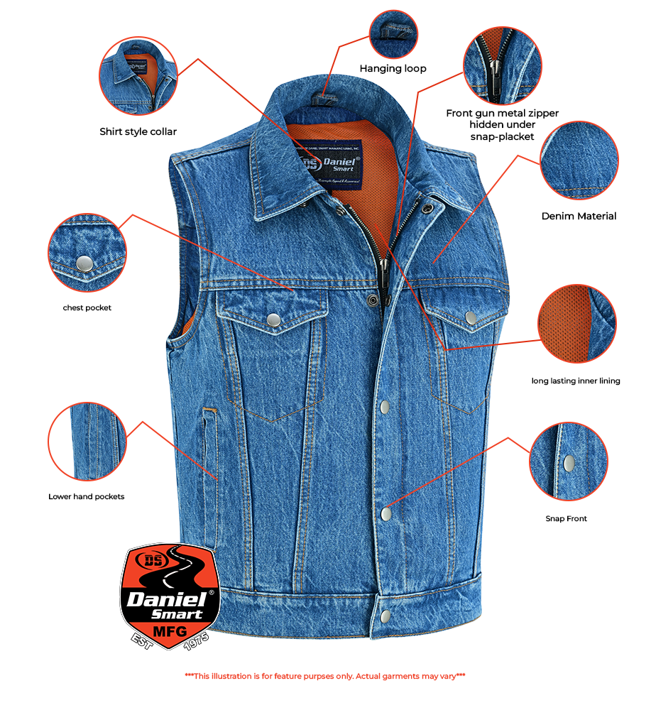 Men's Snap/Zipper Front Denim Vest- Blue