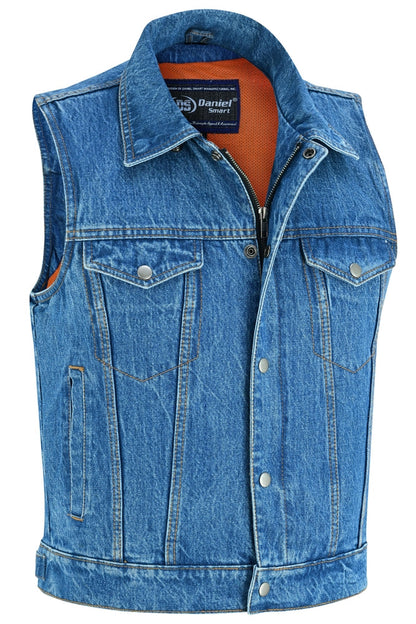 Men's Snap/Zipper Front Denim Vest- Blue