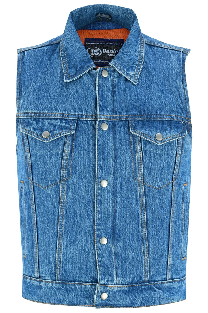 Men's Snap/Zipper Front Denim Vest- Blue