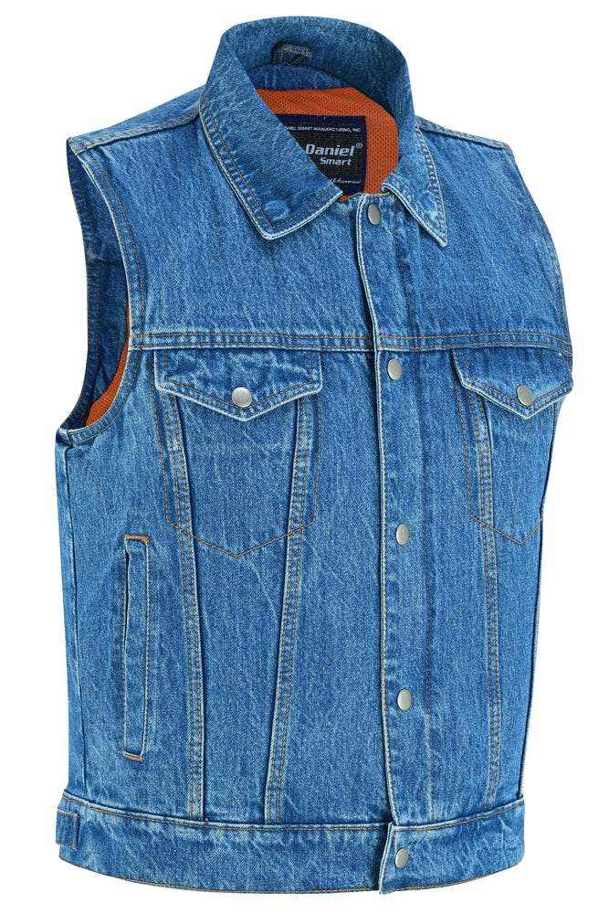 Men's Snap/Zipper Front Denim Vest- Blue