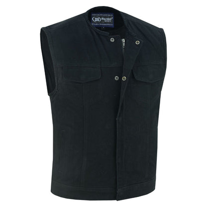 Rugged Mens Denim Vest - Concealed Snap with Hidden Zipper