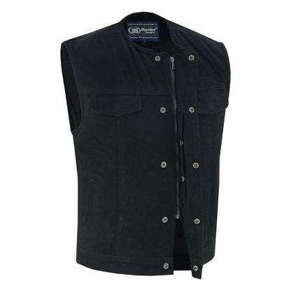 Rugged Mens Denim Vest - Concealed Snap with Hidden Zipper