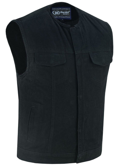 Rugged Mens Denim Vest - Concealed Snap with Hidden Zipper