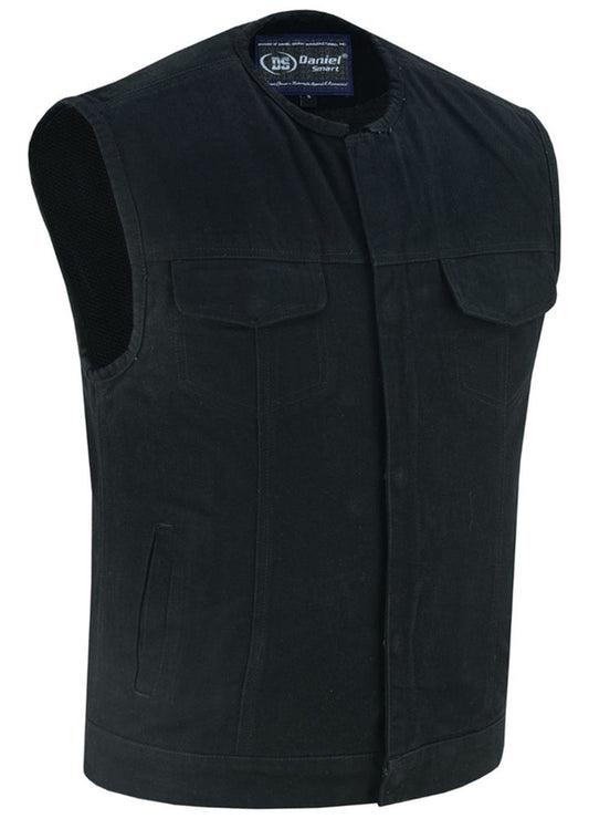 Rugged Mens Denim Vest - Concealed Snap with Hidden Zipper