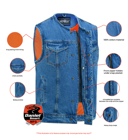 Men’s Denim Vest with Concealed Snaps, Hidden Zipper & Collarless Design