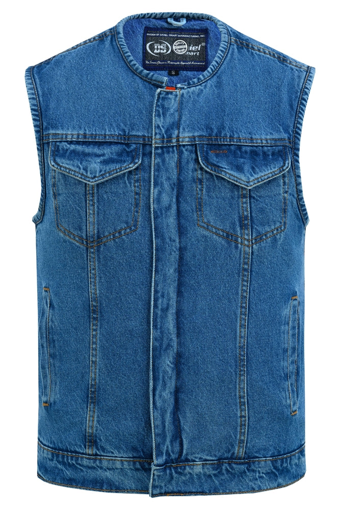 Men’s Denim Vest with Concealed Snaps, Hidden Zipper & Collarless Design