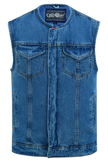 Men’s Denim Vest with Concealed Snaps, Hidden Zipper & Collarless Design