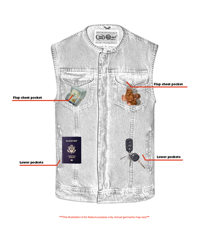 Men’s Denim Vest with Concealed Snaps, Hidden Zipper & Collarless Design