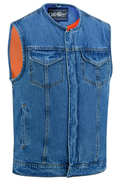 Men’s Denim Vest with Concealed Snaps, Hidden Zipper & Collarless Design