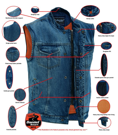 Men’s Denim Vest with Smart Snap Closure, Scoop Collar & Hidden Pockets