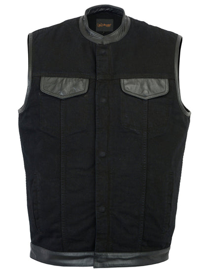 Men's Black Denim Single Panel Concealment Vest W/ Leather Trim