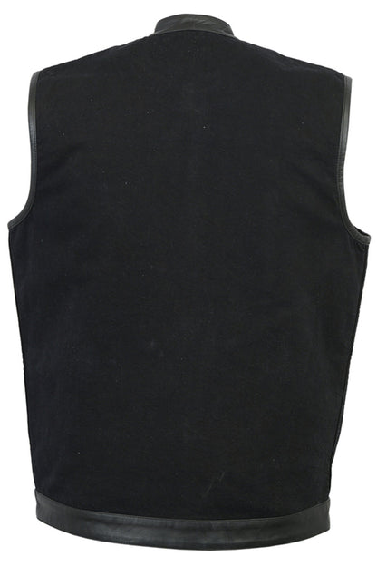 Men's Black Denim Single Panel Concealment Vest W/ Leather Trim