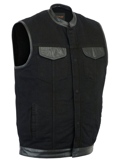 Men's Black Denim Single Panel Concealment Vest W/ Leather Trim