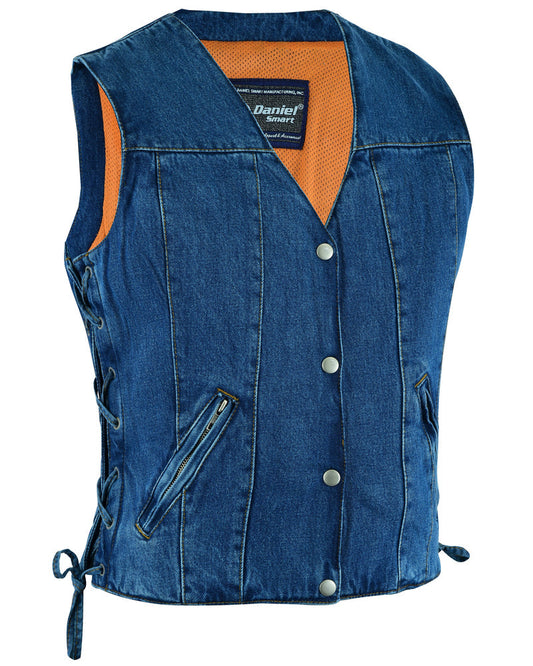 Women's Single Back Panel Denim Vest with Smart Access Pocket - Blue