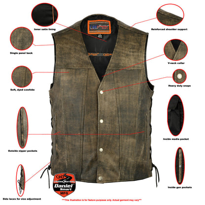 Heritage Antique Brown Men's Motorcycle Leather Vest - Single Back Panel