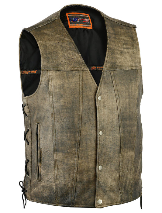 Heritage Antique Brown Men's Motorcycle Leather Vest - Single Back Panel