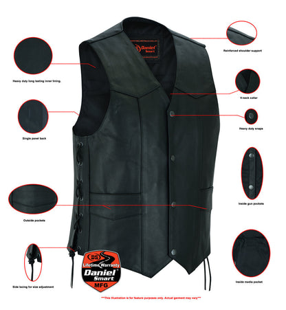 Traditional Single Back Panel Concealed Carry Motorcycle Vest - Black