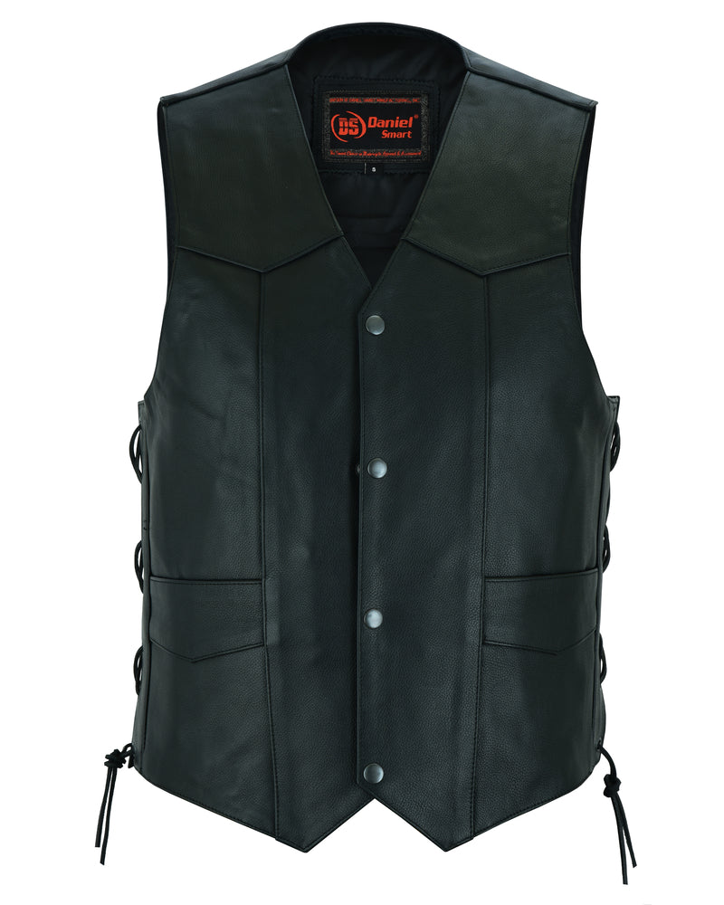 Traditional Single Back Panel Concealed Carry Motorcycle Vest - Black