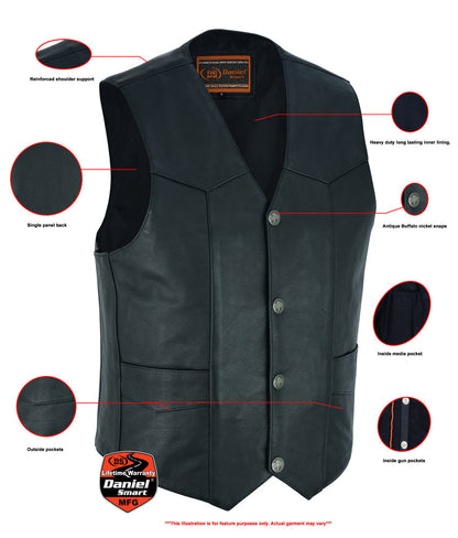 Men's Black Leather Concealed Carry Motorcycle Vest with Single Panel