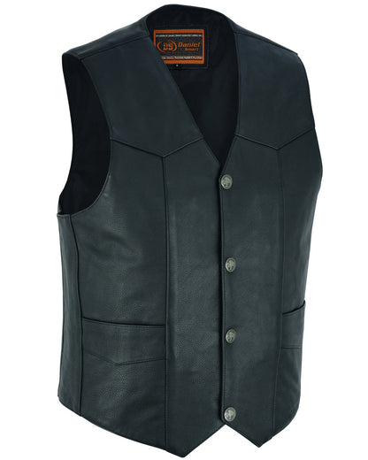 Men's Black Leather Concealed Carry Motorcycle Vest with Single Panel