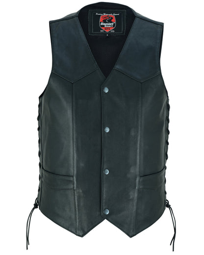 Gold Traditional Black Leather Vest with Smart Access Pockets