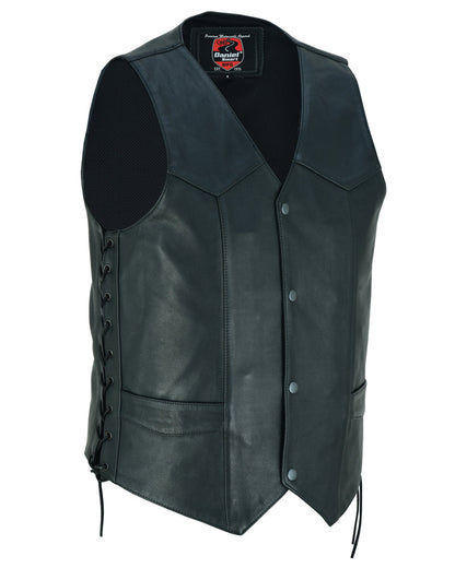 Gold Traditional Black Leather Vest with Smart Access Pockets