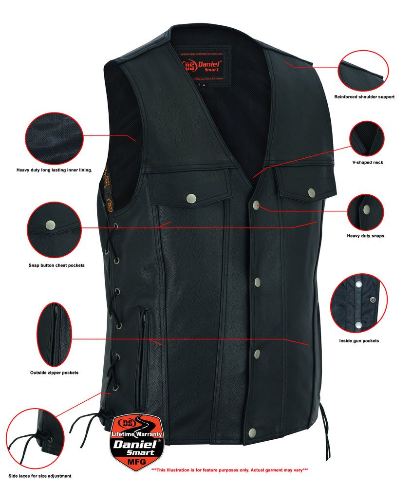 Men's Black Leather Vest with Side Laces and Smart Access Pocket