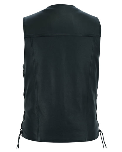 Men's Black Leather Vest with Side Laces and Smart Access Pocket