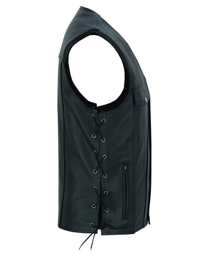 Men's Black Leather Vest with Side Laces and Smart Access Pocket