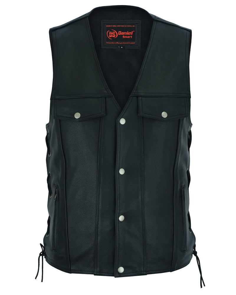 Men's Black Leather Vest with Side Laces and Smart Access Pocket