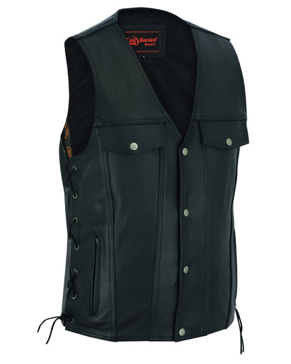 Men's Black Leather Vest with Side Laces and Smart Access Pocket