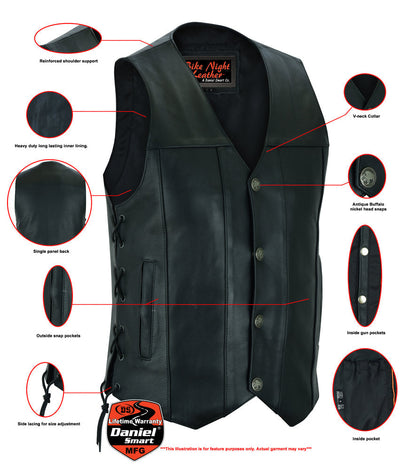 Titan Motorcycle Leather Vest - Single Back Panel with Buffalo Nickel Head Snaps and Smart Access Pockets