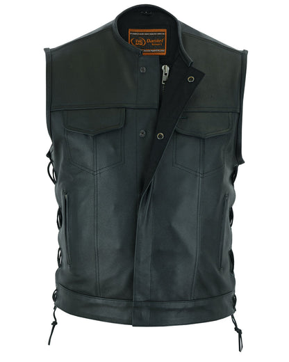 Men's Black Motorcycle Leather Vest with Smart Access Pockets, Gunmetal Zipper