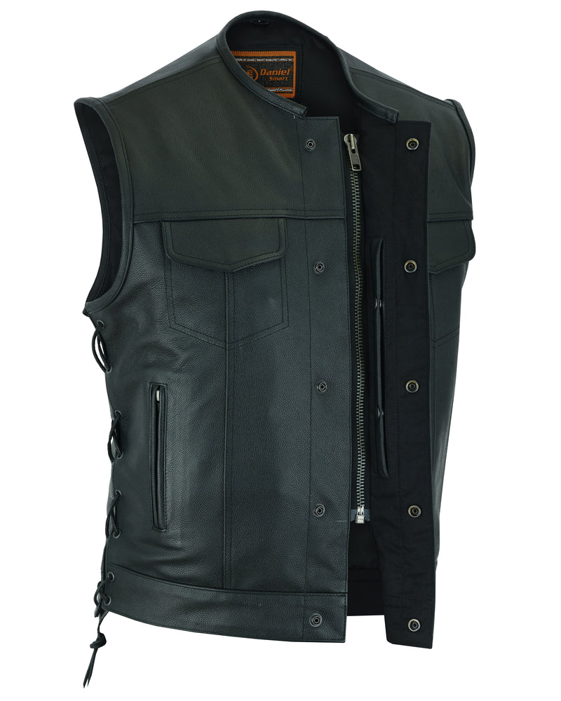 Men's Black Motorcycle Leather Vest with Smart Access Pockets, Gunmetal Zipper