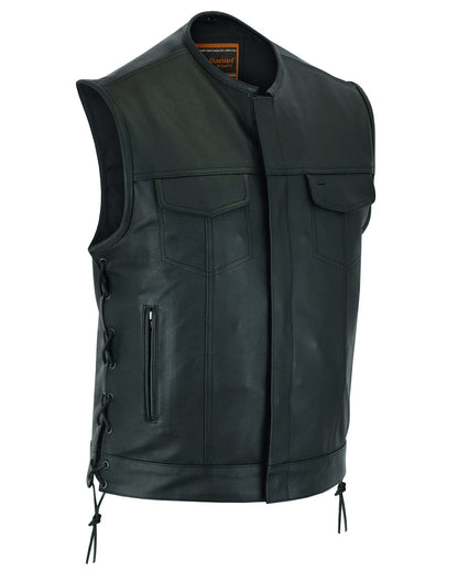 Men's Black Motorcycle Leather Vest with Smart Access Pockets, Gunmetal Zipper