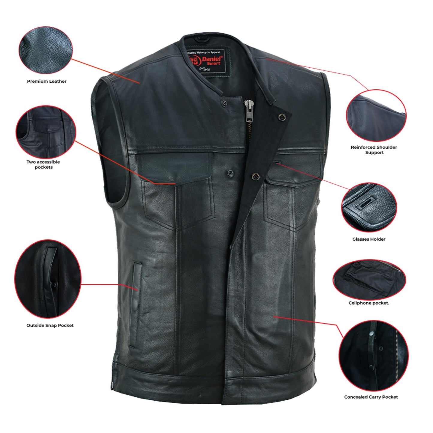 Upgraded Style  Mens Leather Motorcycle Vest with Smart Access Pockets