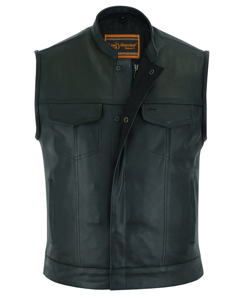 Frontier Motorcycle Leather Vest - Snap Closure, Milled Cowhide, Scoop Collar & Hidden Zipper with Smart Access Pockets