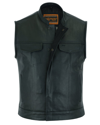 Frontier Motorcycle Leather Vest - Snap Closure, Milled Cowhide, Scoop Collar & Hidden Zipper with Smart Access Pockets