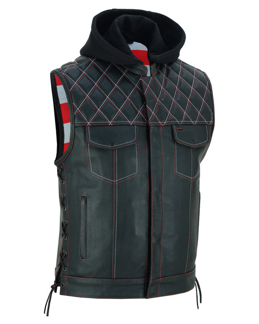 Road Edge Black Leather Vest with Smart Pockets & Removable Hood