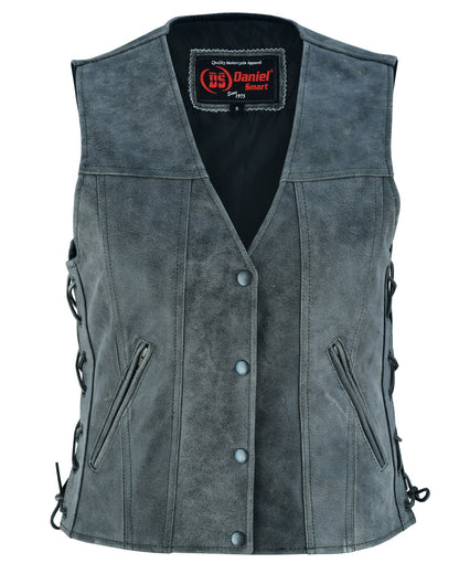 Women's Gray Single Back Panel Leather Vest with Smart Access Pocket