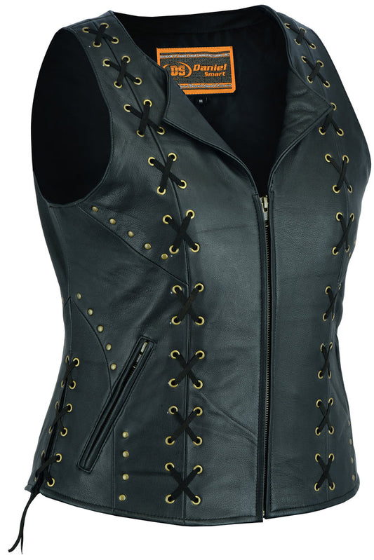 Women's Zippered Leather Vest with Lacing Details