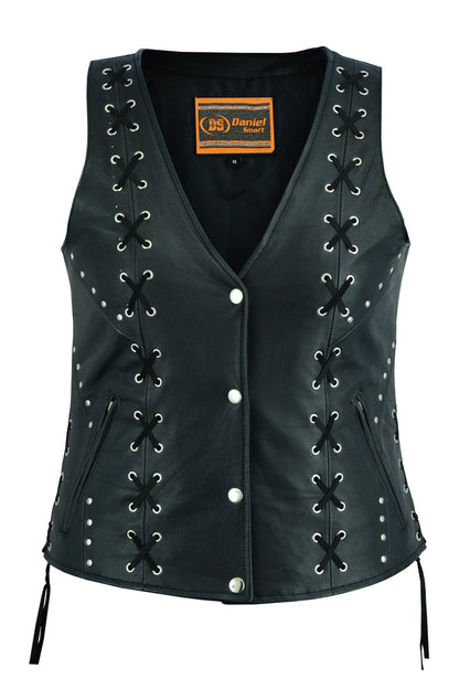 Women's Open neck Leather Vest with Lacing Details