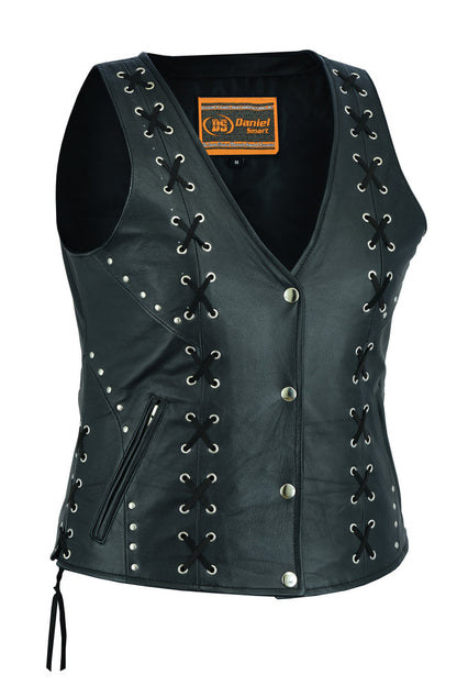 Women's Open neck Leather Vest with Lacing Details