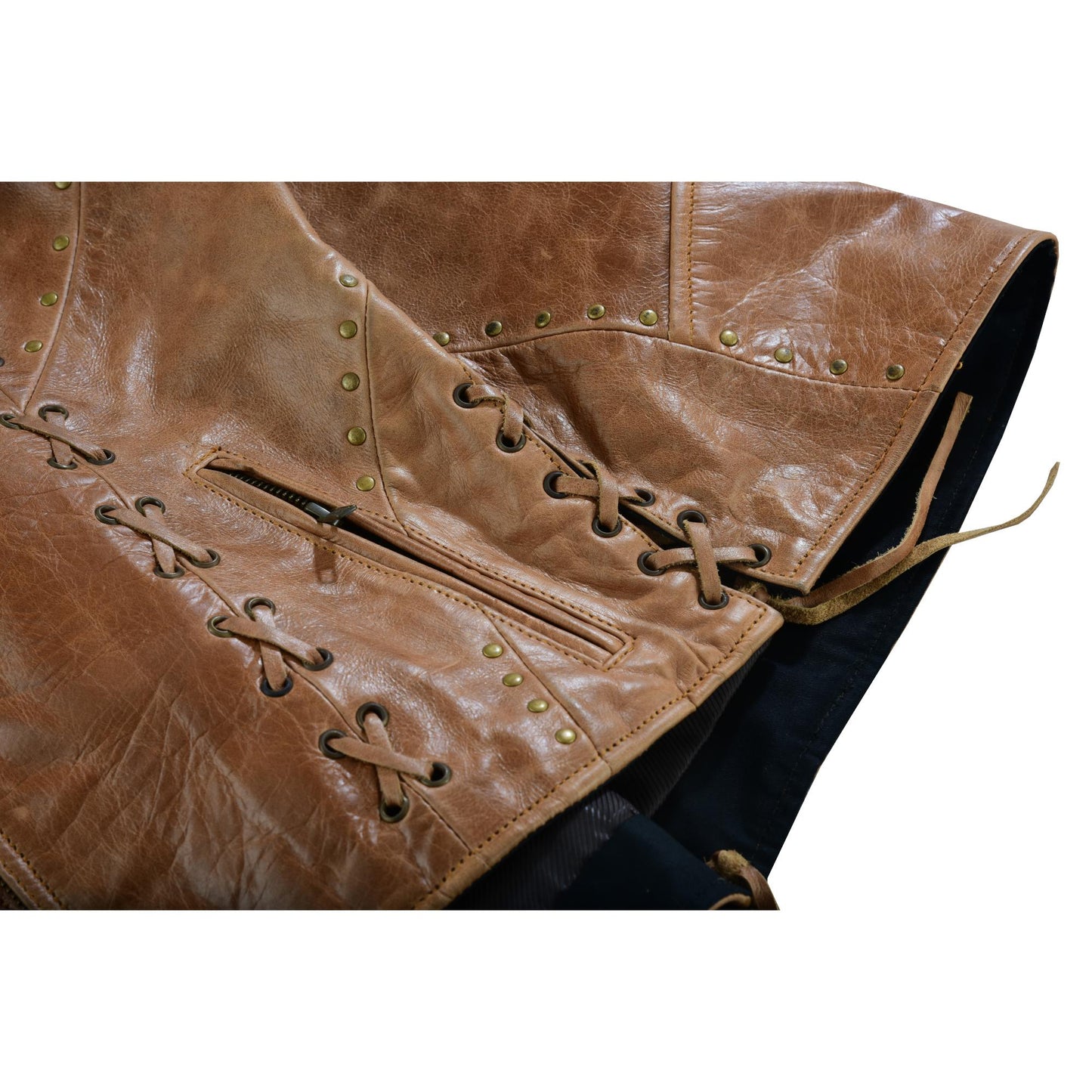 Women's Brown Zippered Leather Vest with Lacing Details