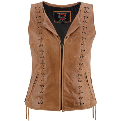 Women's Brown Zippered Leather Vest with Lacing Details