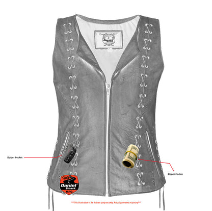 Women's Brown Zippered Leather Vest with Lacing Details