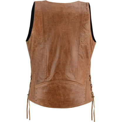 Women's Brown Zippered Leather Vest with Lacing Details